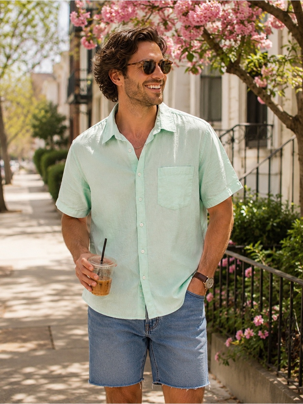 731. Men's Short-Sleeve Button-Down Shirt in Mint Green